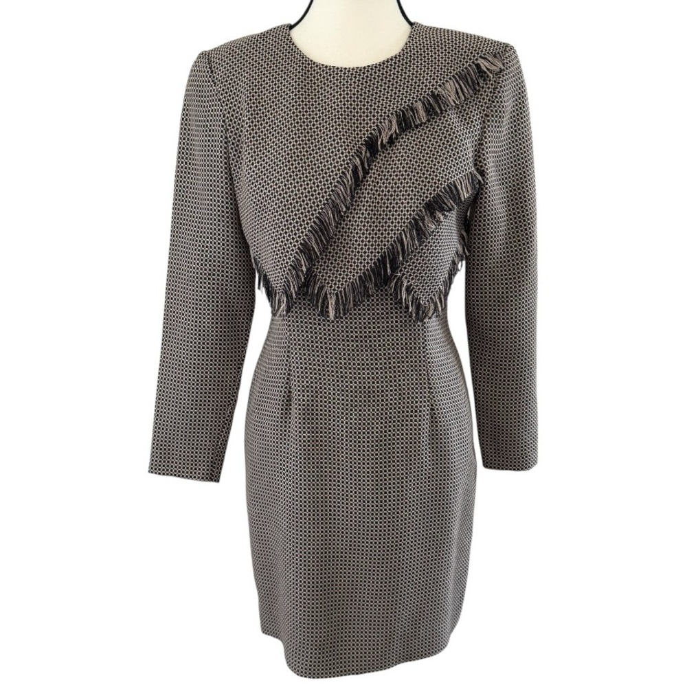 Vintage Expo Petite Fringe Dress Black Beige Cream Size 4 Hourglass Rare Western